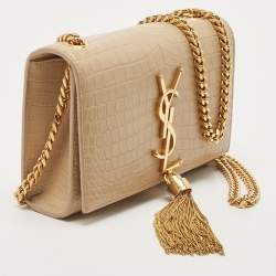 Saint Laurent Beige Croc Embossed Leather Small Kate Tassel Crossbody Bag
