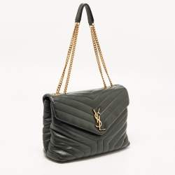 Saint Laurent Dark Green Matelassé Leather Medium LouLou Shoulder Bag