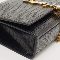 Pre Owned Saint Laurent Black Croc Embossed Leather Kate Tassel Shoulder Bag