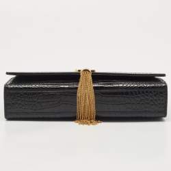 Pre Owned Saint Laurent Black Croc Embossed Leather Kate Tassel Shoulder Bag