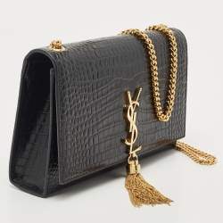 Pre Owned Saint Laurent Black Croc Embossed Leather Kate Tassel Shoulder Bag