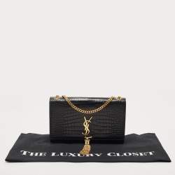 Pre Owned Saint Laurent Black Croc Embossed Leather Kate Tassel Shoulder Bag