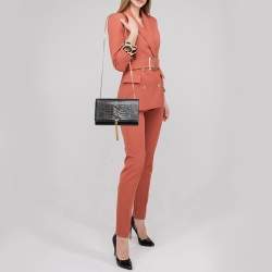 Pre Owned Saint Laurent Black Croc Embossed Leather Kate Tassel Shoulder Bag