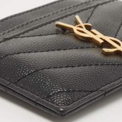 Pre Owned Saint Laurent Black Chevron Leather Monogram Card Holder