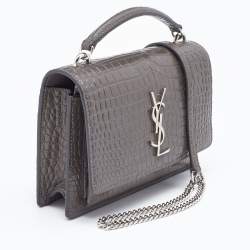 Pre Owned Saint Laurent Grey Croc Embossed Leather Sunset Crossbody Bag