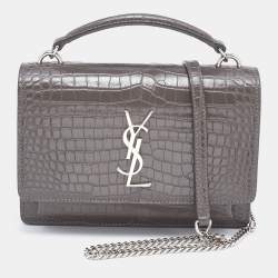 Pre Owned Saint Laurent Grey Croc Embossed Leather Sunset Crossbody Bag