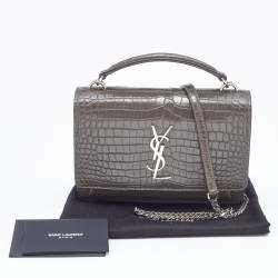 Pre Owned Saint Laurent Grey Croc Embossed Leather Sunset Crossbody Bag