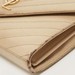 Pre Owned Saint Laurent Beige Matelassé Leather Cassandre Wallet on Chain