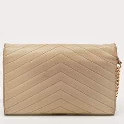 Pre Owned Saint Laurent Beige Matelassé Leather Cassandre Wallet on Chain