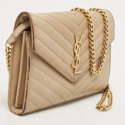 Pre Owned Saint Laurent Beige Matelassé Leather Cassandre Wallet on Chain