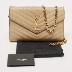 Pre Owned Saint Laurent Beige Matelassé Leather Cassandre Wallet on Chain