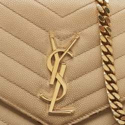 Pre Owned Saint Laurent Beige Matelassé Leather Cassandre Wallet on Chain