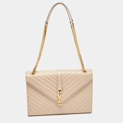 Pre Owned Saint Laurent Beige Matelassé Leather Large Cassandre Flap Bag
