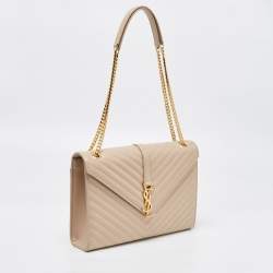 Pre Owned Saint Laurent Beige Matelassé Leather Large Cassandre Flap Bag