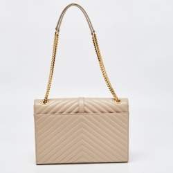 Pre Owned Saint Laurent Beige Matelassé Leather Large Cassandre Flap Bag