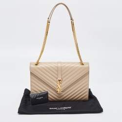 Pre Owned Saint Laurent Beige Matelassé Leather Large Cassandre Flap Bag