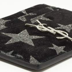 Pre Owned Saint Laurent Black Suede Glitter Star Monogram Card Holder 