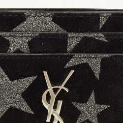 Pre Owned Saint Laurent Black Suede Glitter Star Monogram Card Holder 