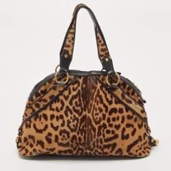 Saint Laurent Black/Brown Leopard Print Calfhair and Leather Muse Satchel