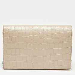 Pre Owned Saint Laurent Pink Croc Embossed Leather Kate Tassel Chain Wallet