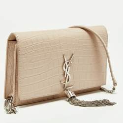 Pre Owned Saint Laurent Pink Croc Embossed Leather Kate Tassel Chain Wallet