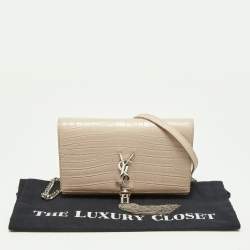 Pre Owned Saint Laurent Pink Croc Embossed Leather Kate Tassel Chain Wallet