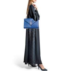 Pre Owned Saint Laurent Blue Matelassé Leather Large Monogram Envelope Shoulder Bag