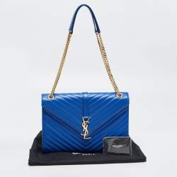 Pre Owned Saint Laurent Blue Matelassé Leather Large Monogram Envelope Shoulder Bag