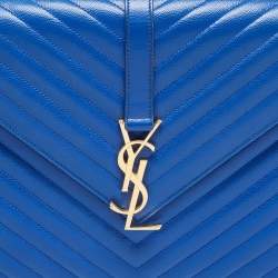 Pre Owned Saint Laurent Blue Matelassé Leather Large Monogram Envelope Shoulder Bag