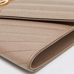 Pre Owned Saint Laurent Beige Matelasse Leather Cassandra Wristlet Pouch
