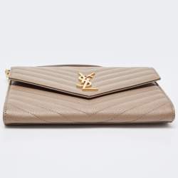 Pre Owned Saint Laurent Beige Matelasse Leather Cassandra Wristlet Pouch