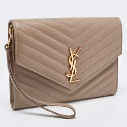 Pre Owned Saint Laurent Beige Matelasse Leather Cassandra Wristlet Pouch