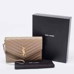 Pre Owned Saint Laurent Beige Matelasse Leather Cassandra Wristlet Pouch