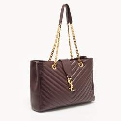 Pre Owned Saint Laurent Burgundy Chevron Leather Classic Monogram Shopping Tote