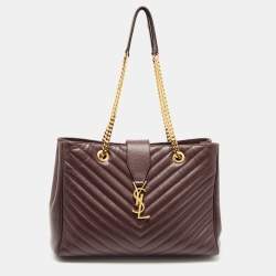 Saint Laurent Burgundy Chevron Leather Classic Monogram Shopping Tote