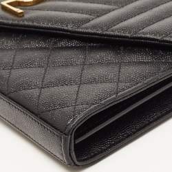 Pre Owned Saint Laurent Black Mix Matelassé Leather Monogram Envelope Wallet on Chain