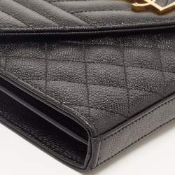 Pre Owned Saint Laurent Black Mix Matelassé Leather Monogram Envelope Wallet on Chain