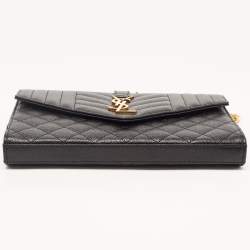 Pre Owned Saint Laurent Black Mix Matelassé Leather Monogram Envelope Wallet on Chain