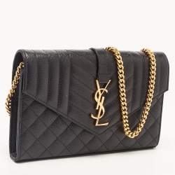 Pre Owned Saint Laurent Black Mix Matelassé Leather Monogram Envelope Wallet on Chain