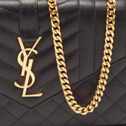 Pre Owned Saint Laurent Black Mix Matelassé Leather Monogram Envelope Wallet on Chain