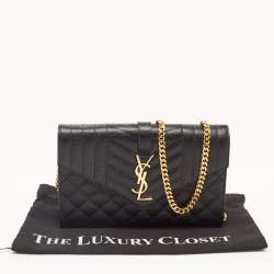 Pre Owned Saint Laurent Black Mix Matelassé Leather Monogram Envelope Wallet on Chain