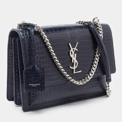 Pre Owned Saint Laurent Navy Blue Croc Embossed Leather Medium Sunset Shoulder Bag
