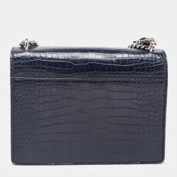 Pre Owned Saint Laurent Navy Blue Croc Embossed Leather Medium Sunset Shoulder Bag