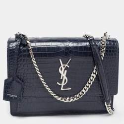 Pre Owned Saint Laurent Navy Blue Croc Embossed Leather Medium Sunset Shoulder Bag