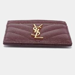 Pre Owned Saint Laurent Burgundy Matelasse Leather Monogram Card Holder