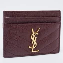 Pre Owned Saint Laurent Burgundy Matelasse Leather Monogram Card Holder