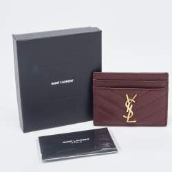 Pre Owned Saint Laurent Burgundy Matelasse Leather Monogram Card Holder