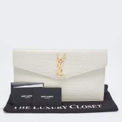 Pre Owned Saint Laurent Ivory Croc Embossed Leather Medium Uptown Pouch