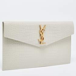 Pre Owned Saint Laurent Ivory Croc Embossed Leather Medium Uptown Pouch