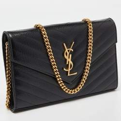 Saint Laurent Black Matelasse Leather Monogram Envelope Wallet on Chain